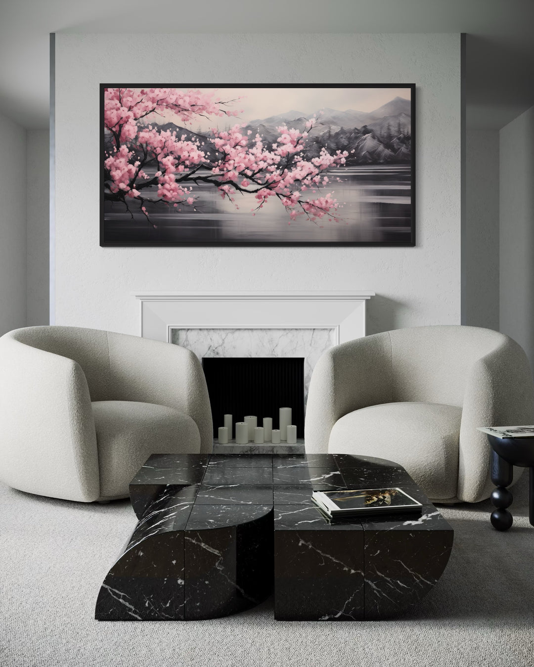 Pink Cherry Blossom on Black Abstract Framed Canvas Wall Art