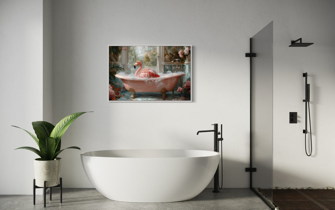 Pink Flamingo in a Bathtub Framed Canvas Wall Art