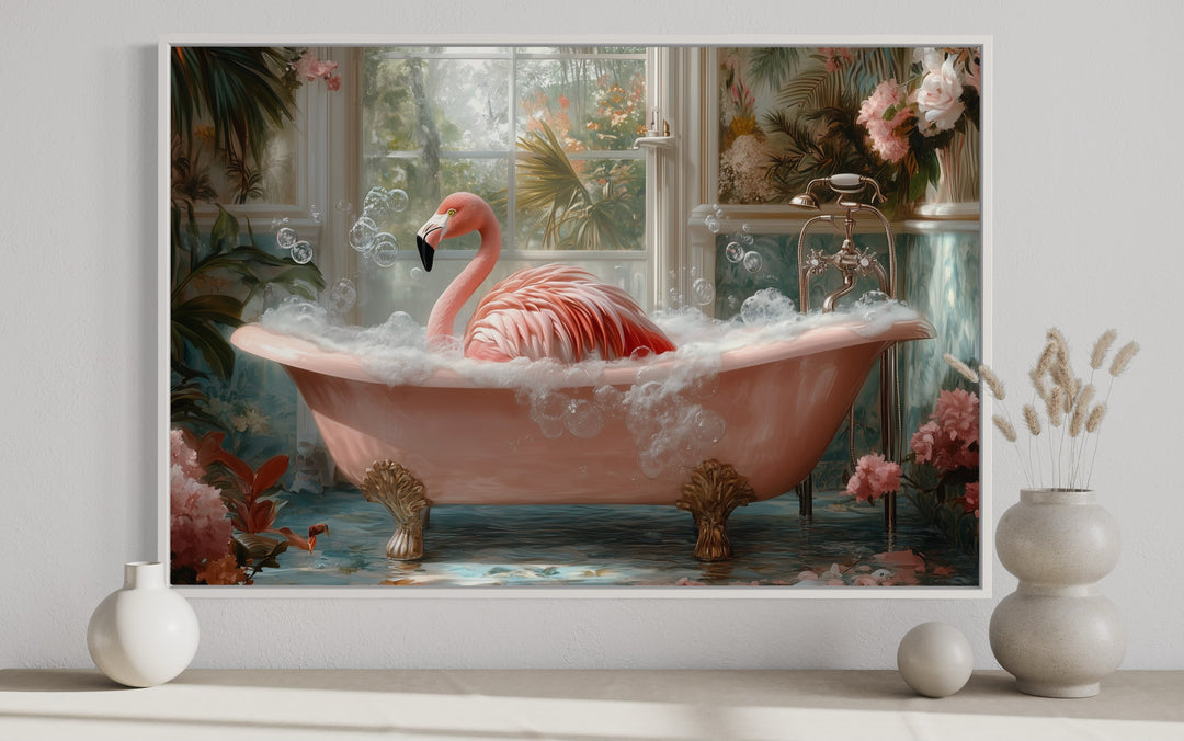 Pink Flamingo in a Bathtub Framed Canvas Wall Art