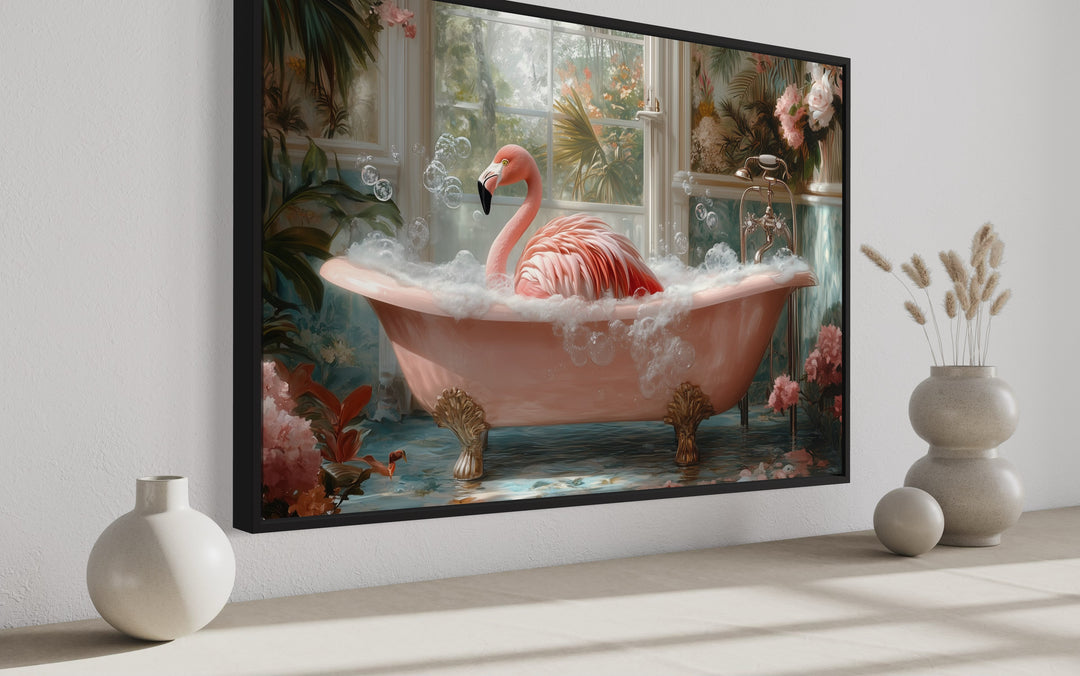 Pink Flamingo in a Bathtub Framed Canvas Wall Art