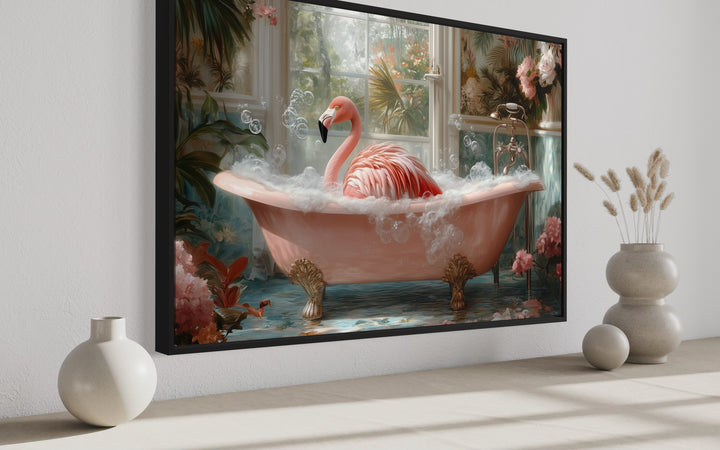 Pink Flamingo in a Bathtub Framed Canvas Wall Art