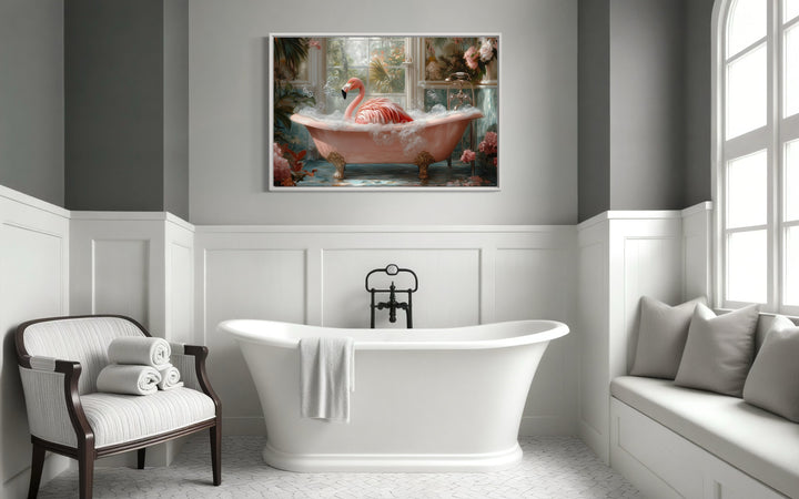 Pink Flamingo in a Bathtub Framed Canvas Wall Art