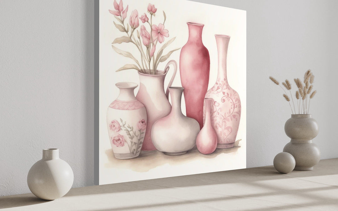 Pink Floral Vases on White Background Dining Room Wall Art