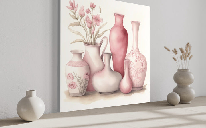 Pink Floral Vases on White Background Dining Room Wall Art