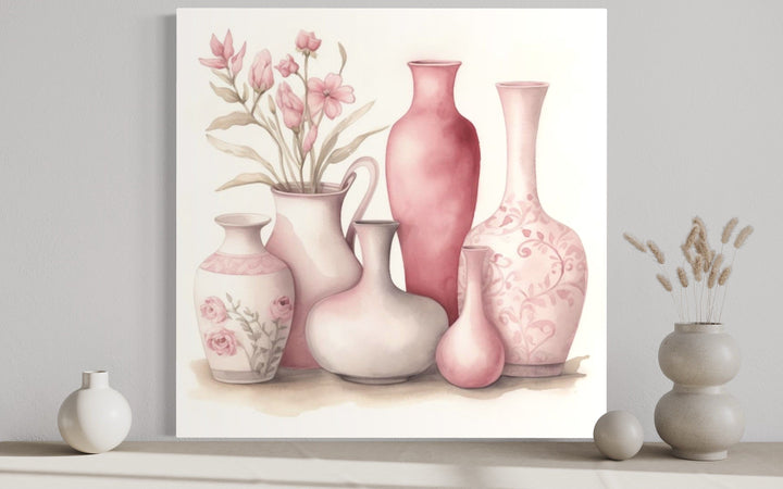 Pink Floral Vases on White Background Dining Room Wall Art