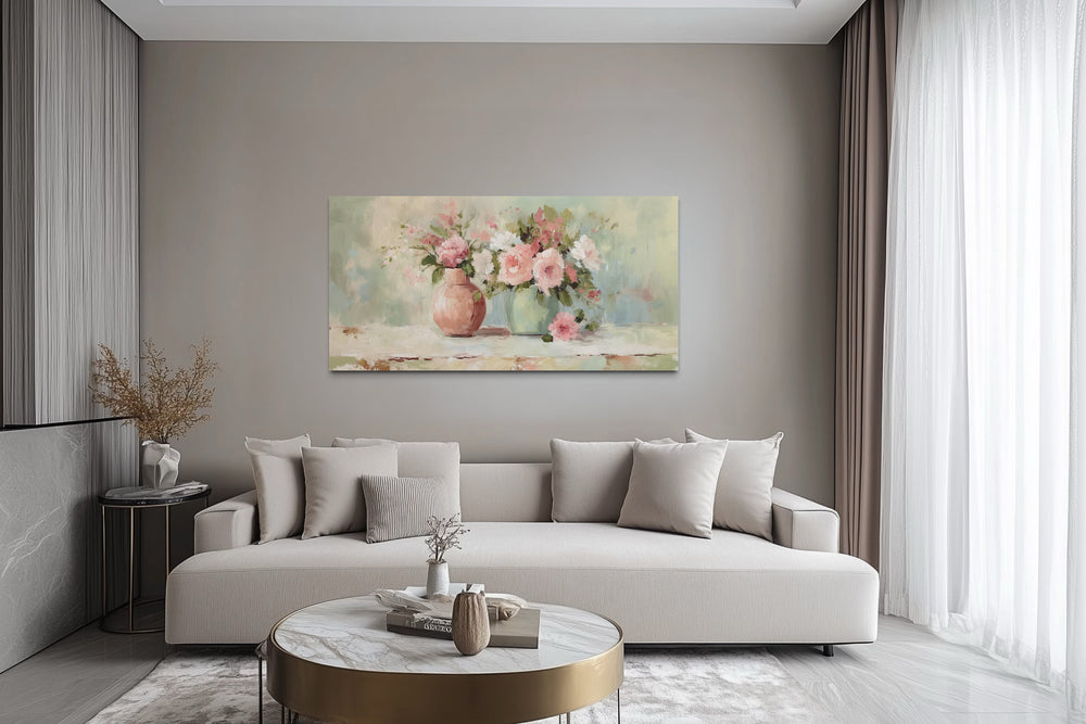 Pink Green Floral Vases Dining Room Wall Art