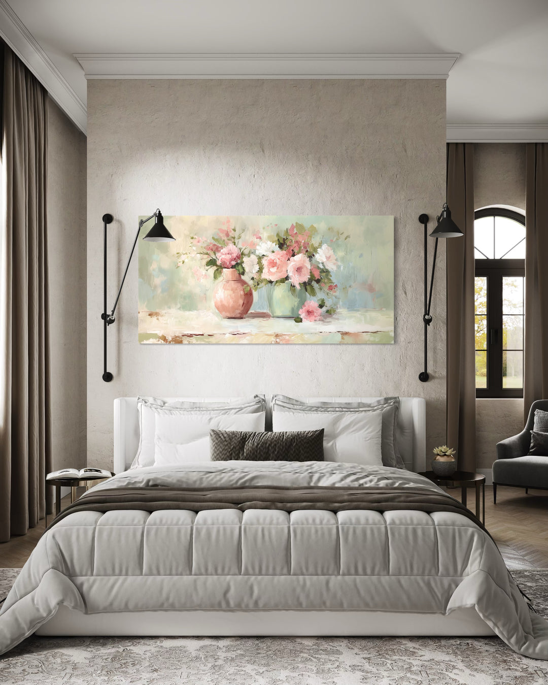 Pink Green Floral Vases Dining Room Wall Art