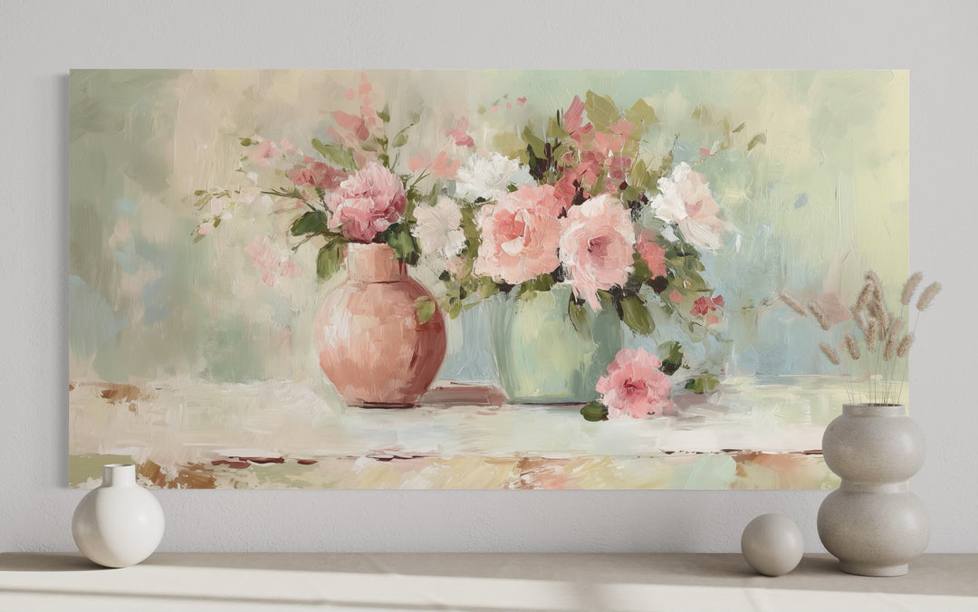 Pink Green Floral Vases Dining Room Wall Art