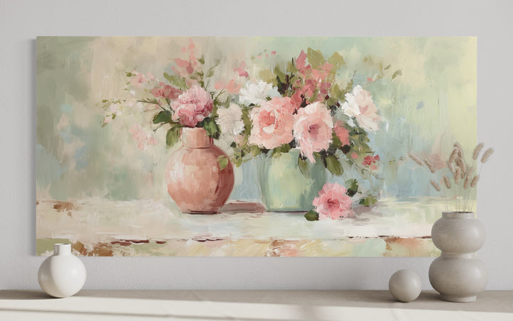 Pink Green Floral Vases Dining Room Wall Art