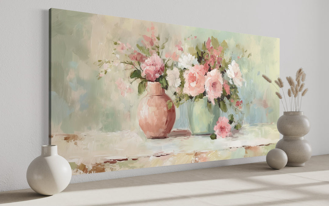 Pink Green Floral Vases Dining Room Wall Art