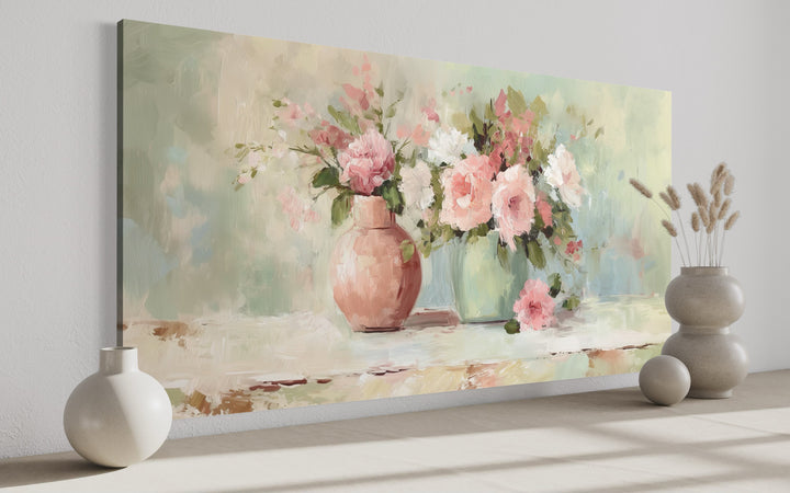 Pink Green Floral Vases Dining Room Wall Art