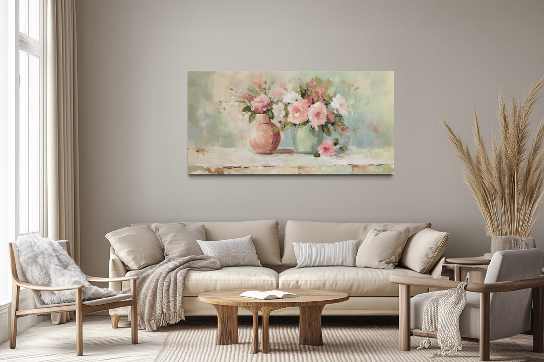 Pink Green Floral Vases Dining Room Wall Art