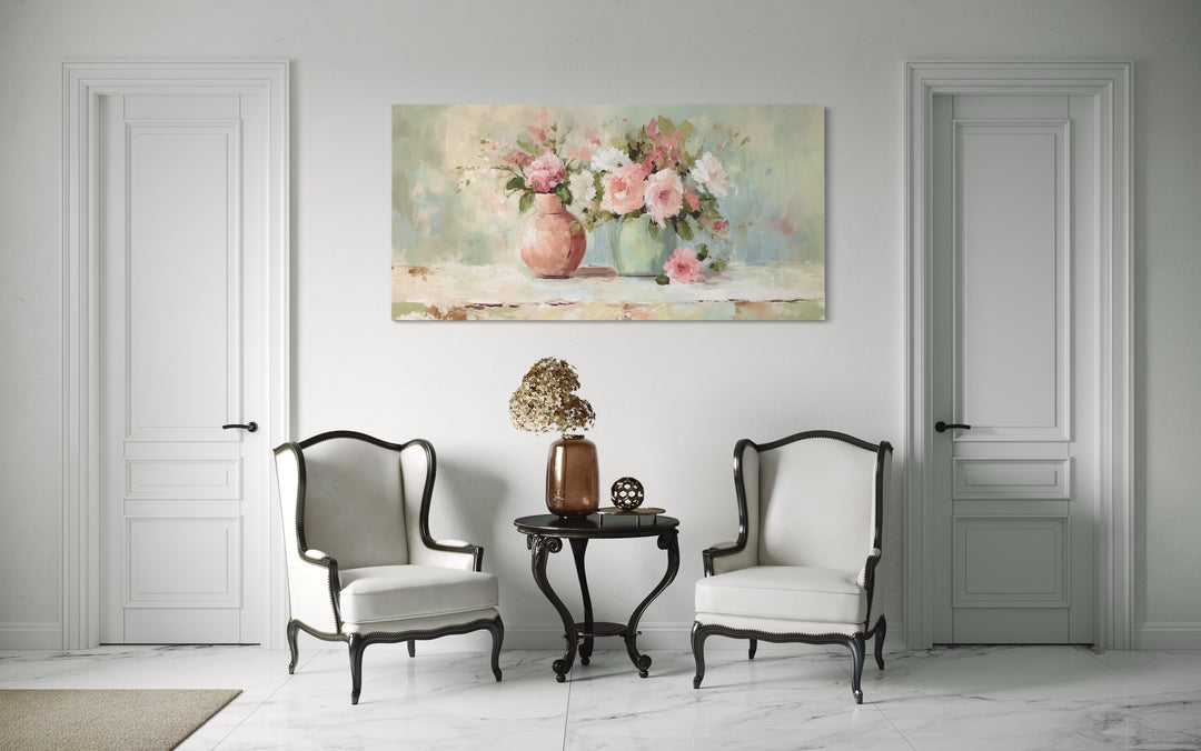 Pink Green Floral Vases Dining Room Wall Art