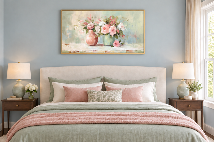 Framed pink and green floral painting of roses in vases above a bed with matching pillows.