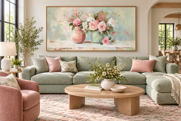 Large framed painting of pink and white flowers in vases above a sage green sectional sofa.