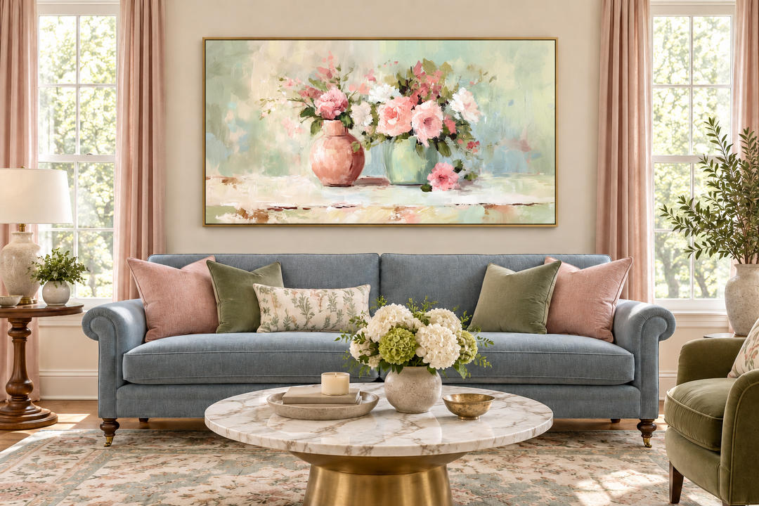 Pink and green floral painting in a gold frame above a blue sofa with decorative pillows.