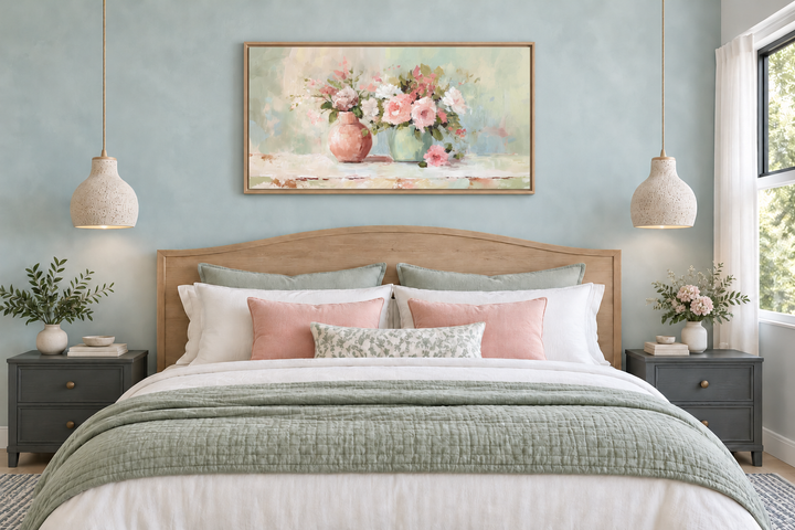 Pink and green floral vases wall art in a light oak frame above a bed in a serene blue bedroom.