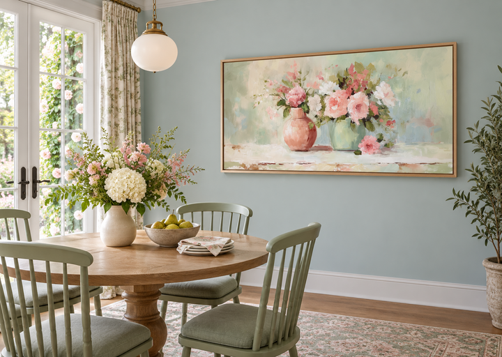 Pink and green floral vases painting in a light wood frame above a round wooden dining table.
