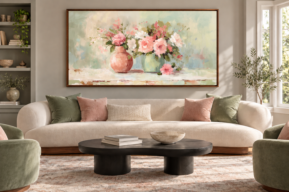 Framed pink and green floral oil painting of roses in vases above a modern sofa in a living room.