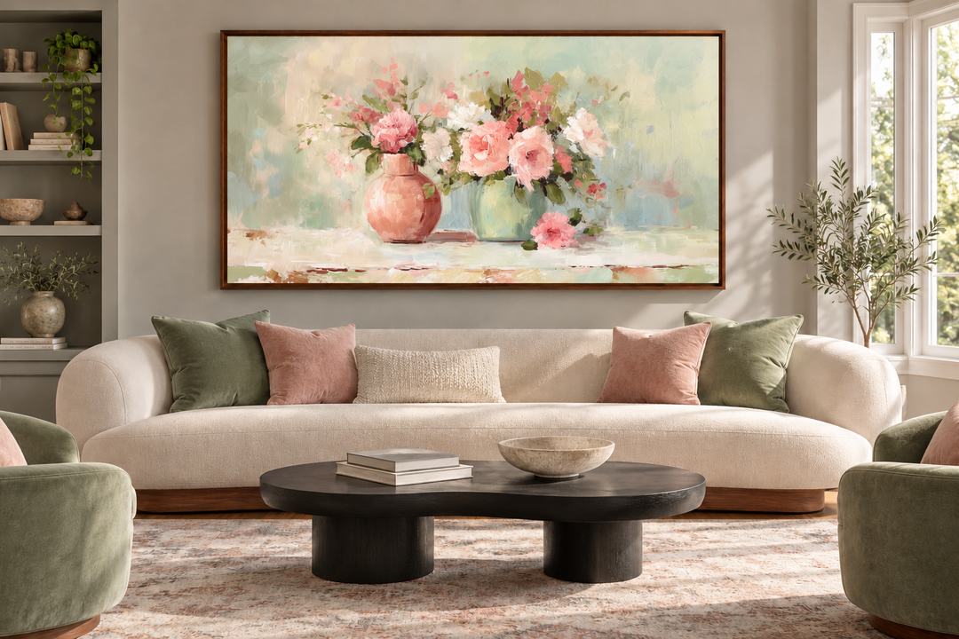 Framed pink and green floral oil painting of roses in vases above a modern sofa in a living room.