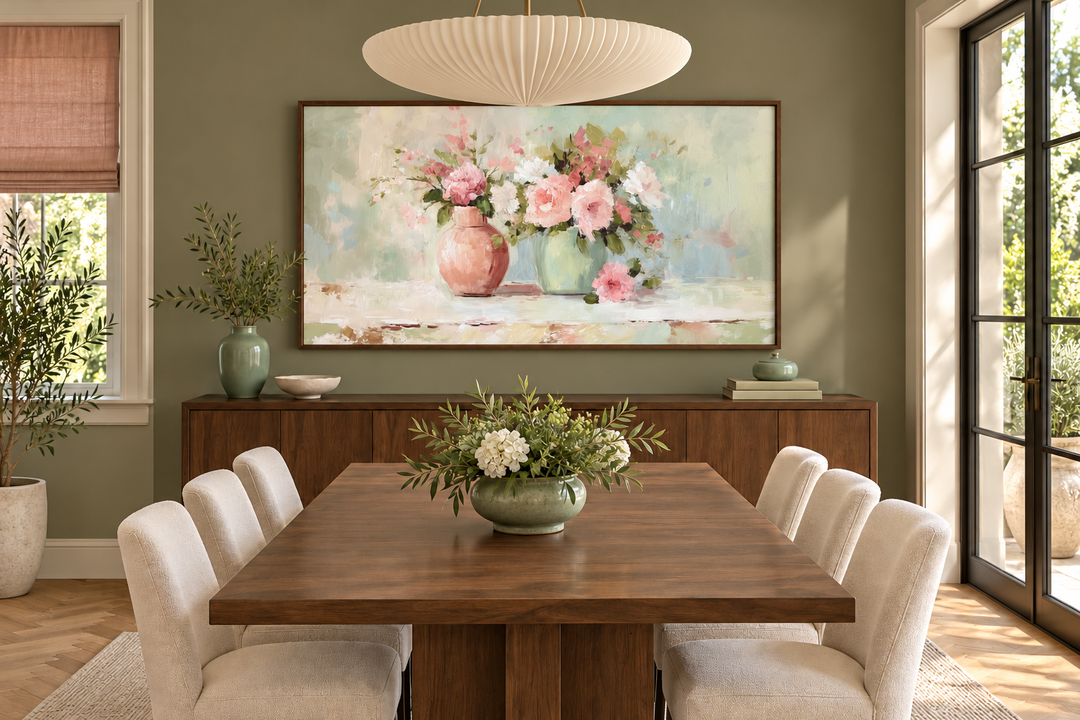 Large framed painting of pink and white roses in vases above a walnut sideboard in a dining room.