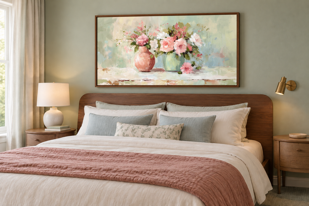 Framed pink and green floral oil painting of roses in vases above a bed with a walnut headboard.