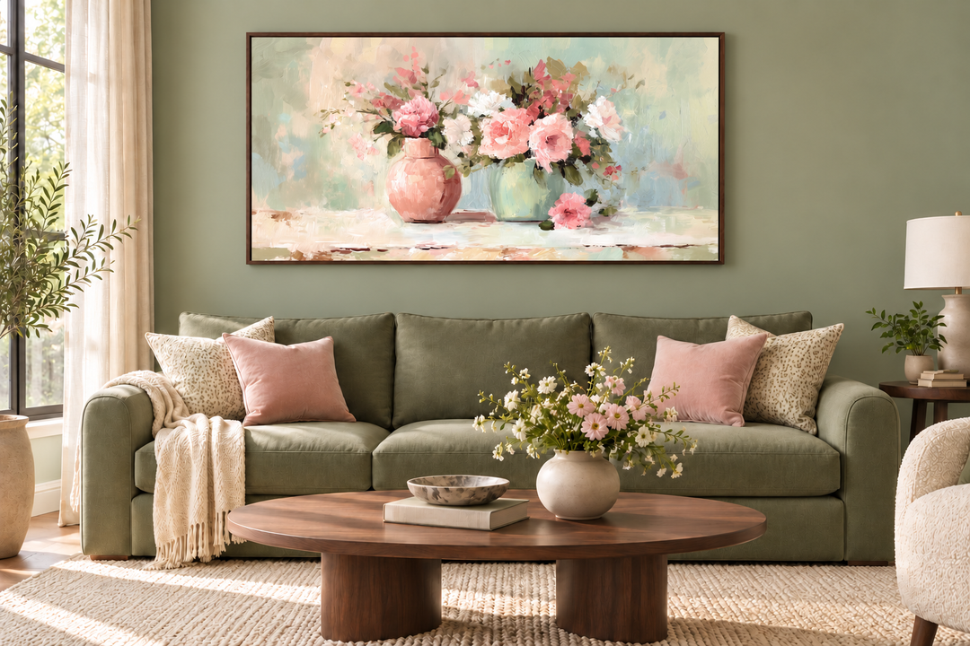 Pink and green floral vases wall art in a walnut frame above a sage green sofa in a living room.