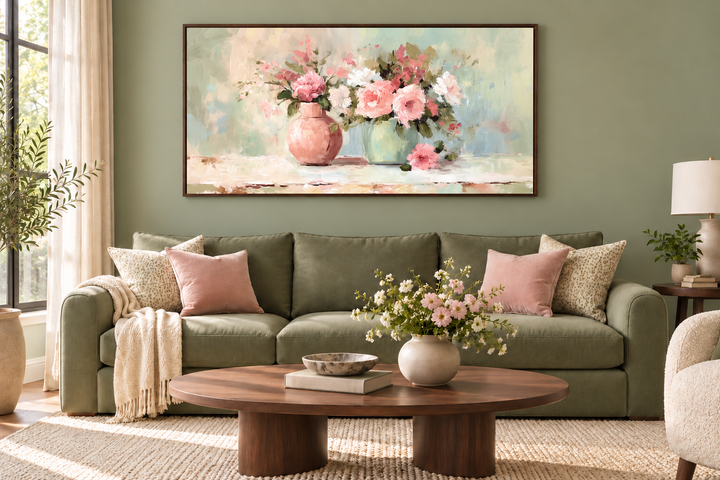 Pink and green floral vases wall art in a walnut frame above a sage green sofa in a living room.