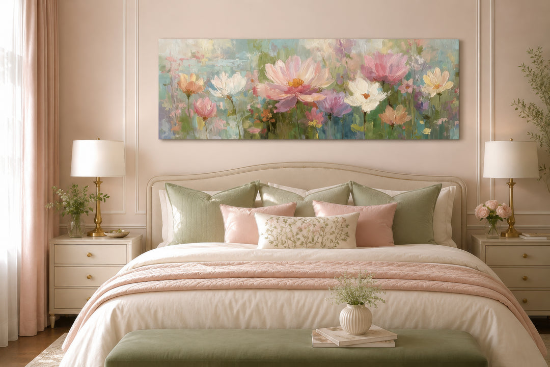 A long horizontal canvas painting of pink and white flowers hangs above a bed in a neutral bedroom.
