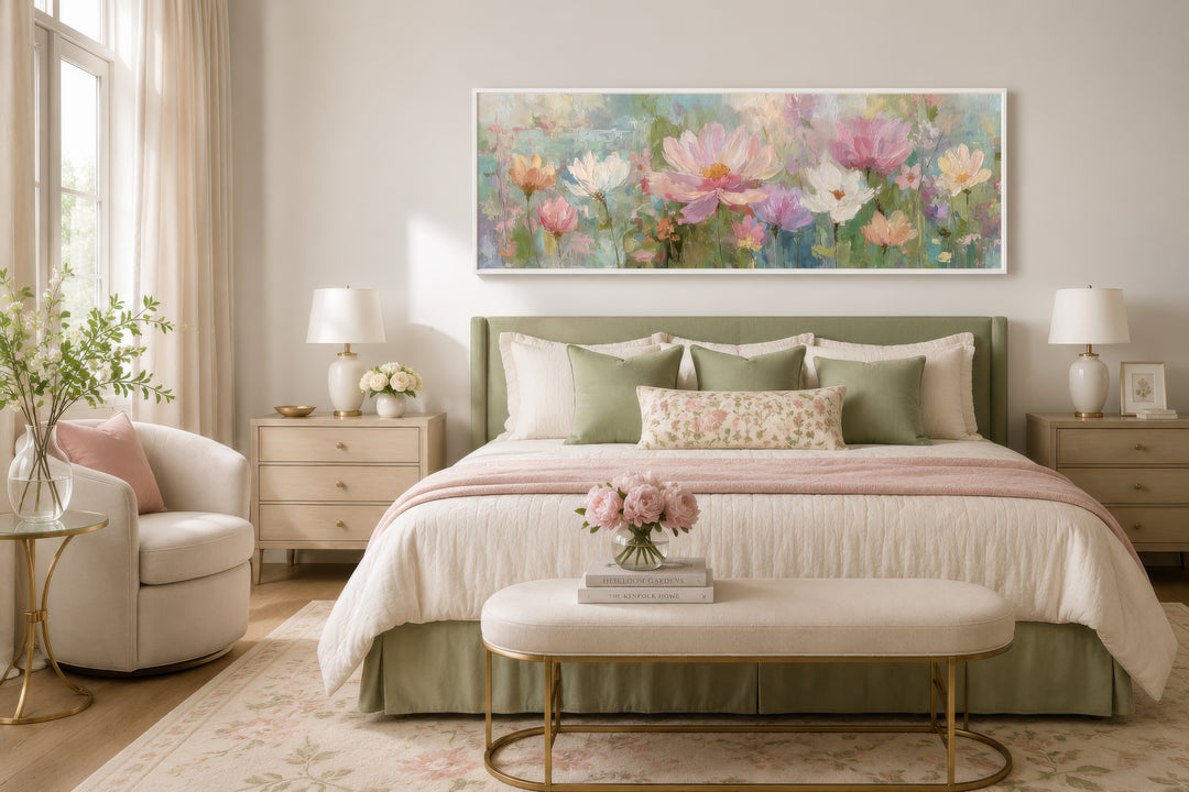 A long horizontal botanical painting with pink and green flowers hangs above a bed in a bedroom.