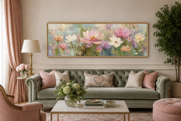 A long horizontal botanical painting with pink and white flowers hangs above a green velvet sofa.