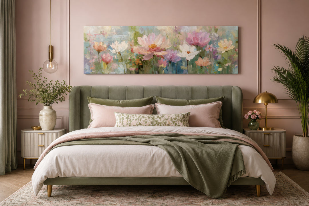 Long horizontal canvas wall art featuring a painterly botanical scene of pink and green flowers.