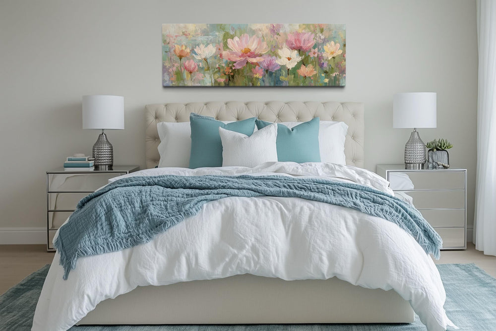 Pink Green Long Horizontal Botanical Floral Wall Art