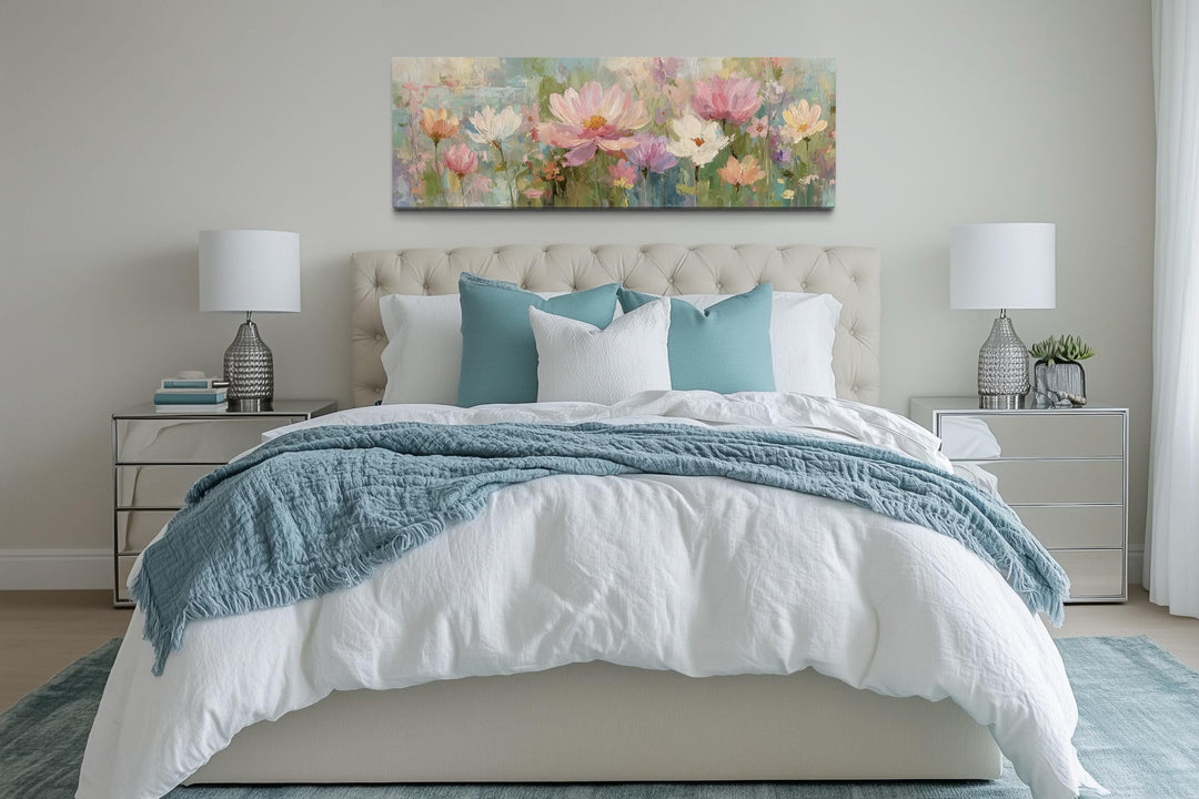 Pink Green Long Horizontal Botanical Floral Wall Art
