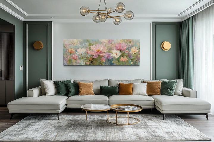 Pink Green Long Horizontal Botanical Floral Wall Art