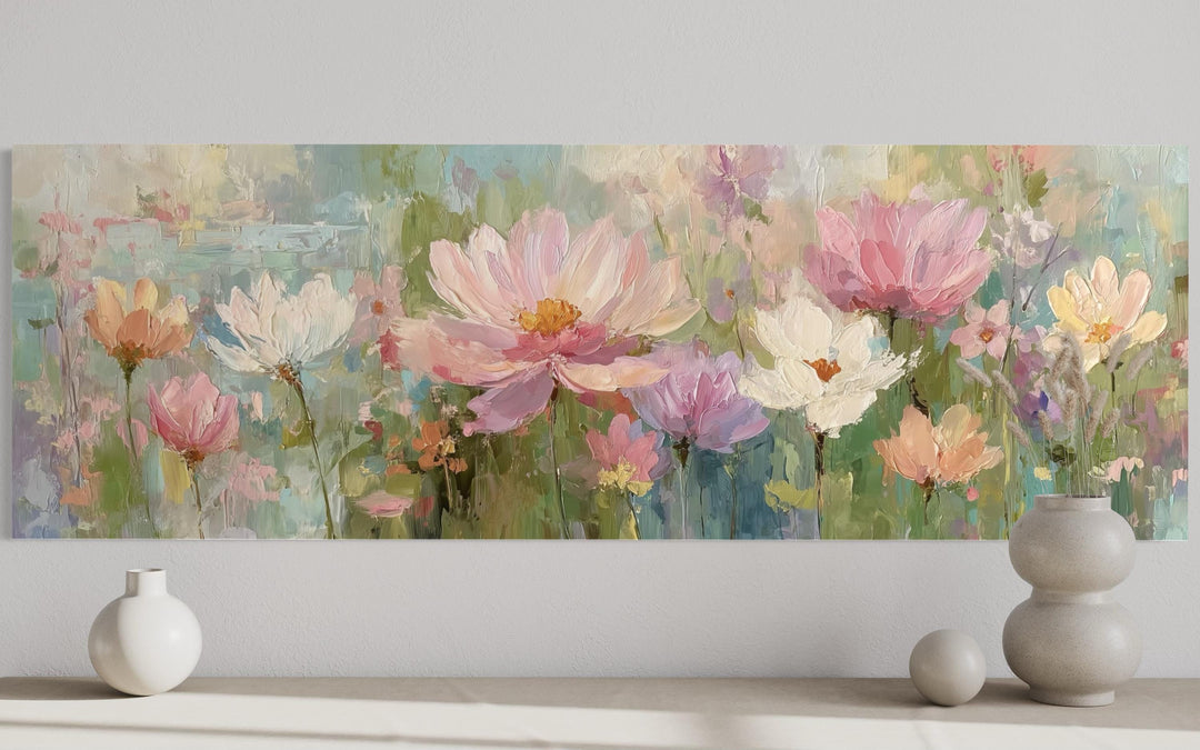 A long horizontal canvas painting of pink and white flowers in a soft, impressionistic style.
