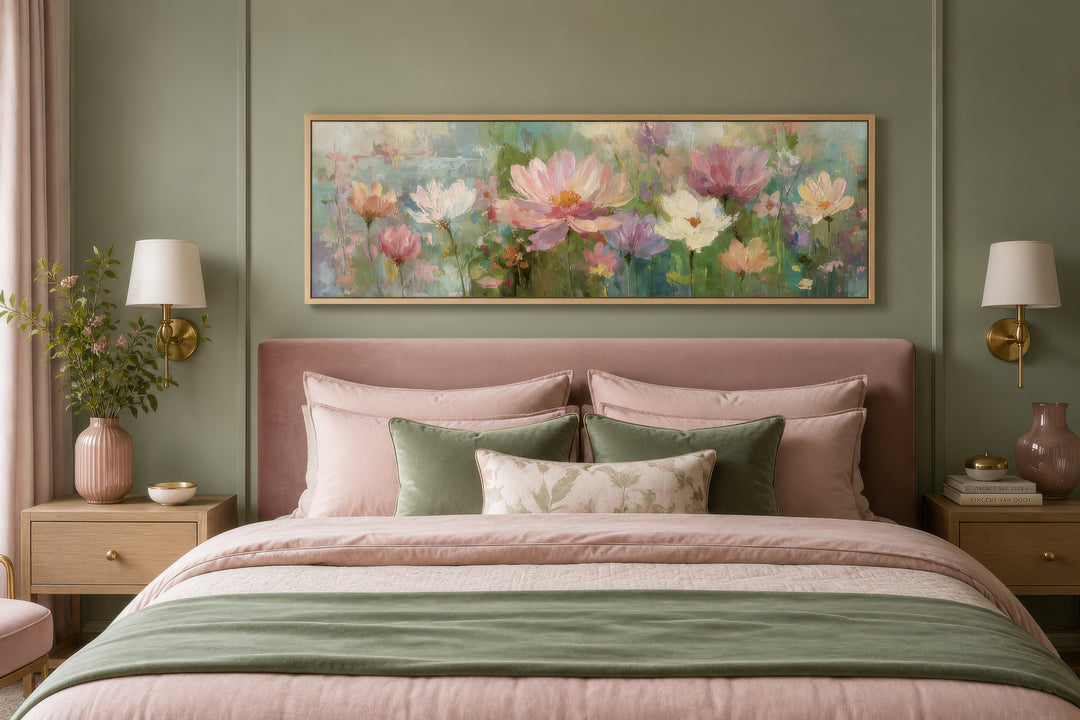 A long horizontal botanical painting with pink and green flowers hangs above a pink velvet bed.