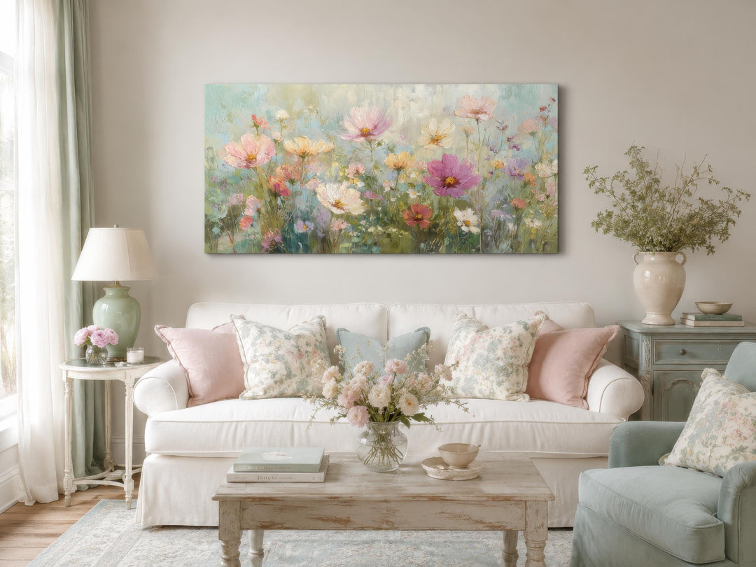 Impressionistic pink and green pastel floral canvas wall art hanging above a white sofa.