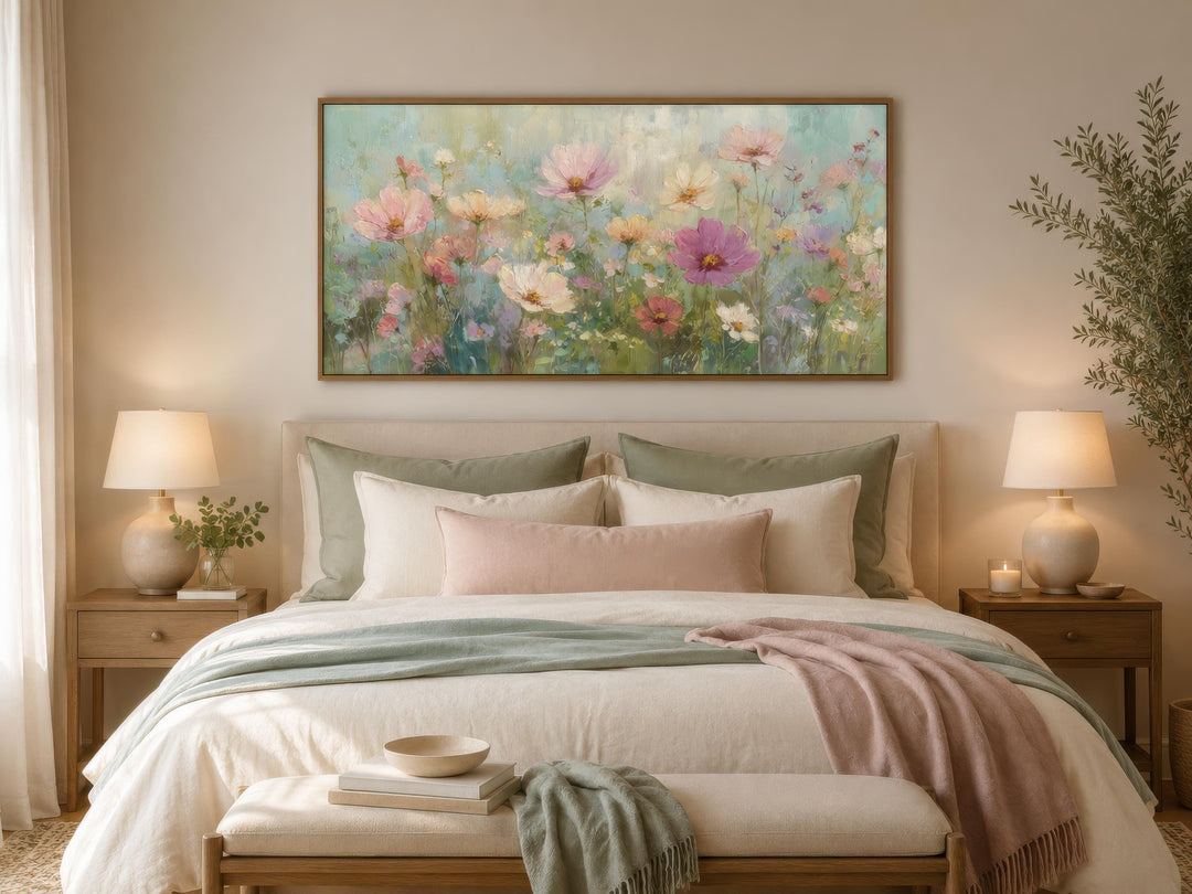 Impressionistic pink and green pastel floral canvas wall art hanging above a bed in a bedroom.