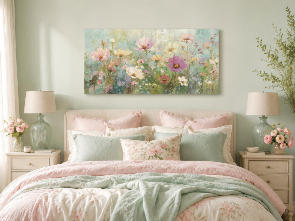 Impressionistic pink and green wildflower canvas wall art hanging above a bed with pastel bedding.
