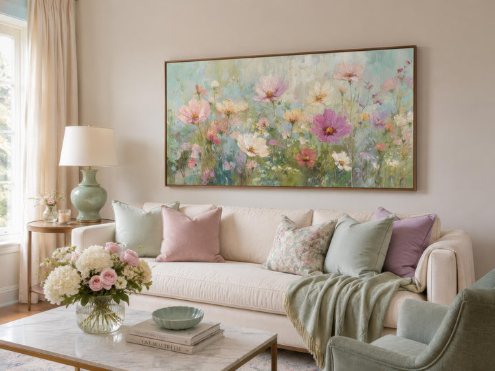 Impressionistic pink and green pastel wildflower canvas wall art hanging above a cream sofa.