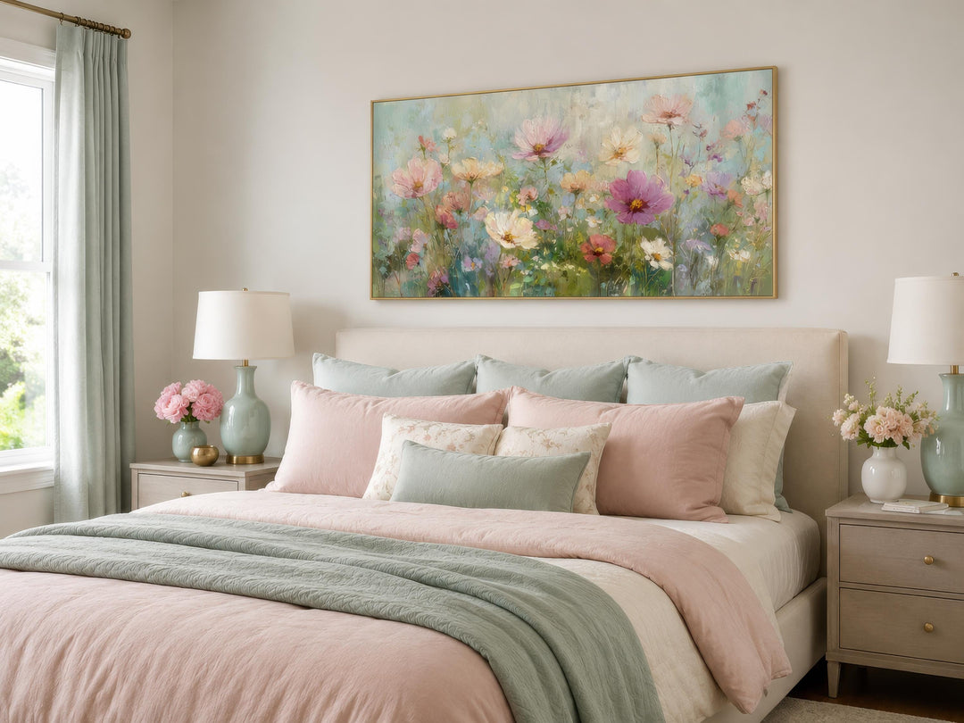 Impressionistic pink and green pastel floral canvas wall art hanging above a bed with pink bedding.