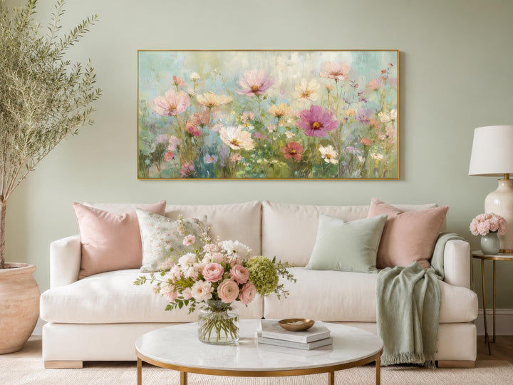 Impressionistic pink and green pastel floral canvas wall art hanging above a white sofa.