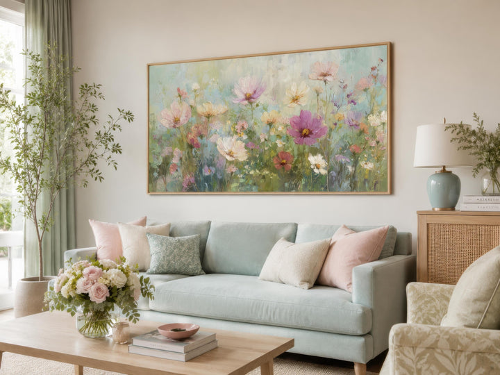 Impressionistic pink and green pastel floral canvas wall art hanging above a light blue sofa.