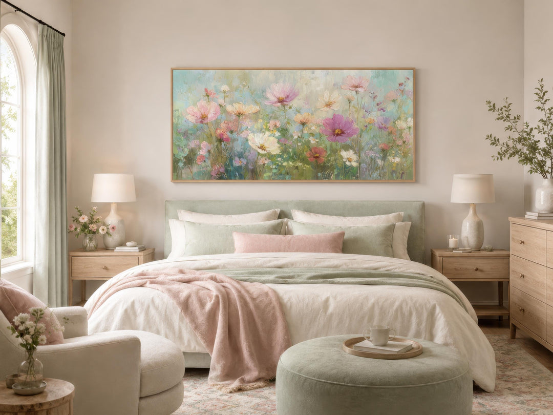 Impressionistic pink and green pastel floral canvas wall art hanging above a bed in a bedroom.