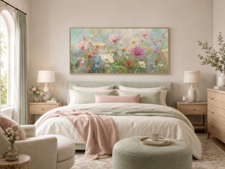 Impressionistic pink and green pastel floral canvas wall art hanging above a bed in a bedroom.