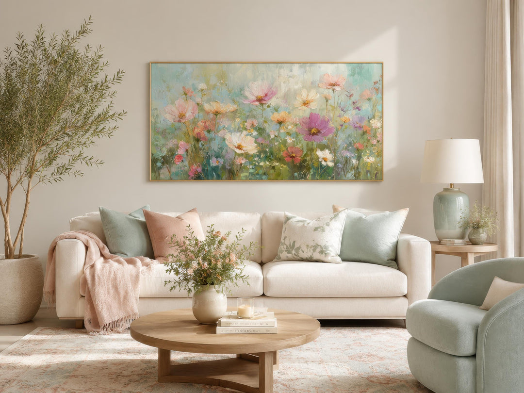 Horizontal pastel floral canvas wall art with pink and green wildflowers above a white sofa.