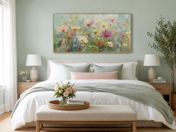 Horizontal impressionistic canvas art of pink and white wildflowers above a bed in a sage room.