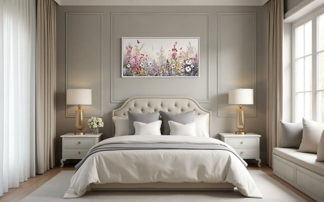 Pink Grey Wildflowers Field Framed Canvas Wall Art