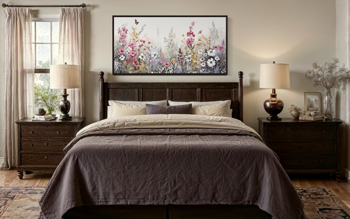 Pink Grey Wildflowers Field Framed Canvas Wall Art